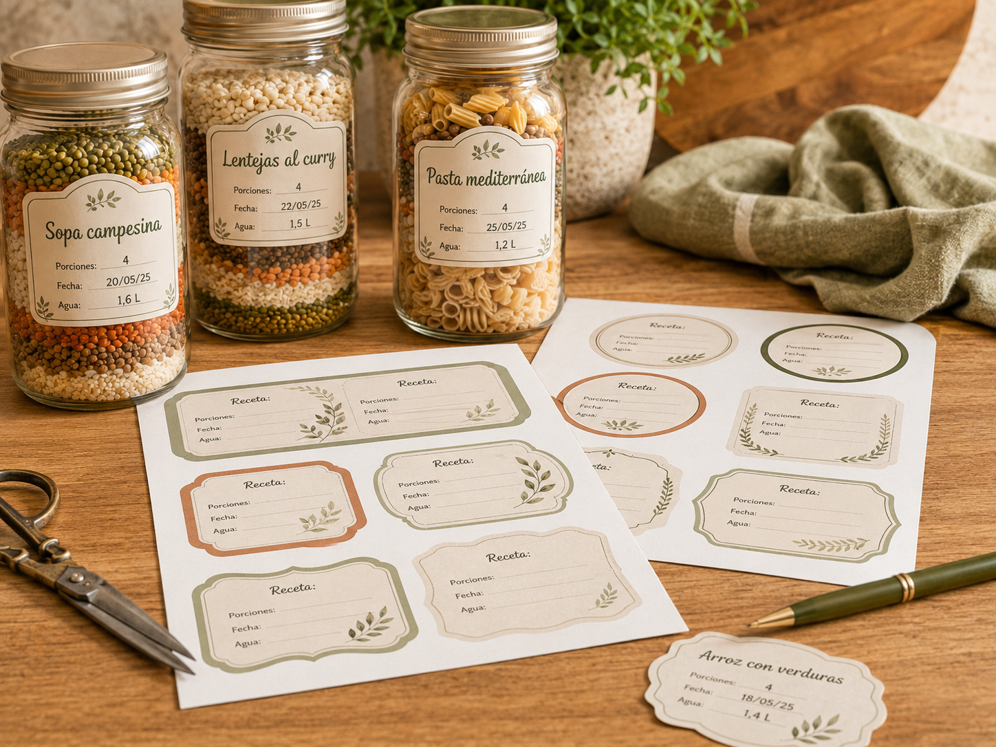 Hoja de etiquetas premium para frascos con tijeras y frascos etiquetados