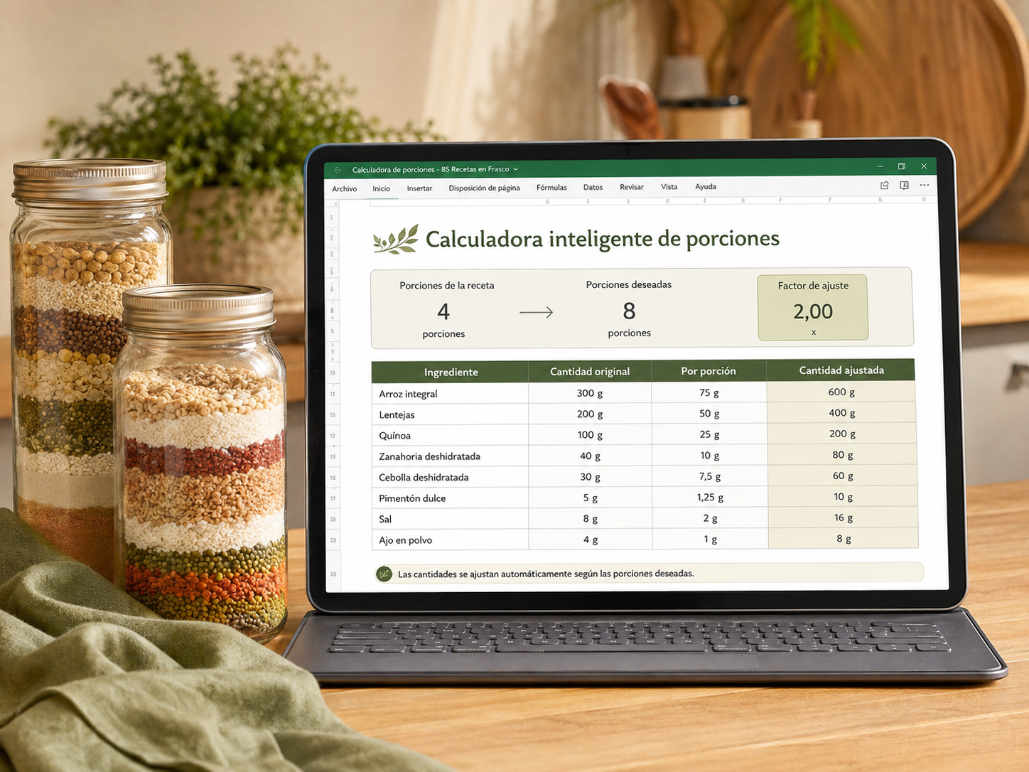 Tablet mostrando una calculadora de porciones para recetas en frasco