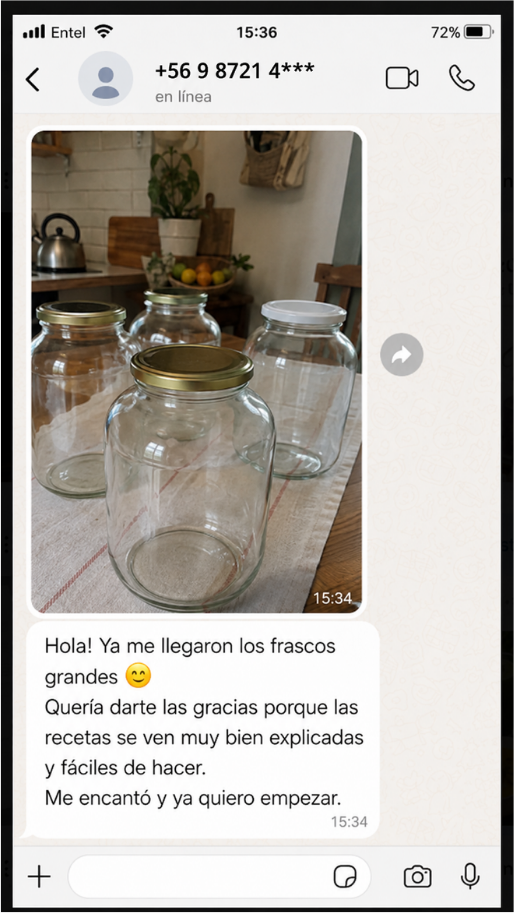 Captura de conversación de WhatsApp de una clienta 3 mostrando sus frascos preparados