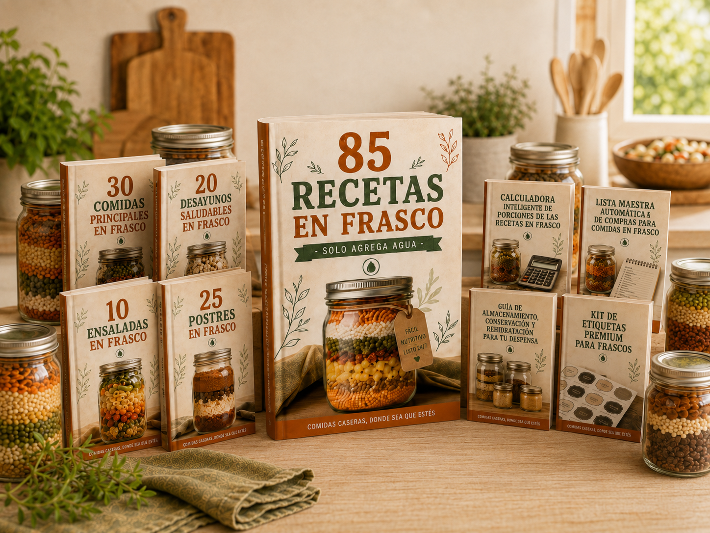 Bundle completo: recetario de 85 recetas en frasco en libro y tablet junto a las cuatro guías de bonos
