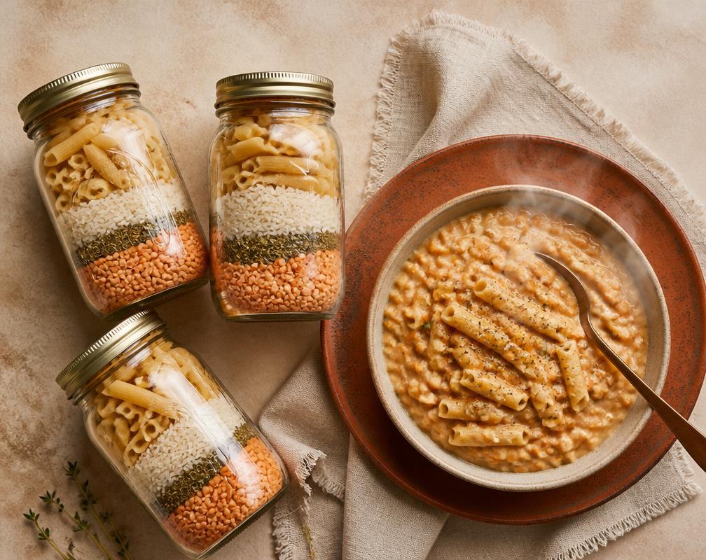 Frascos con capas de pasta, arroz y lentejas junto a un plato de pasta cremosa recién preparado
