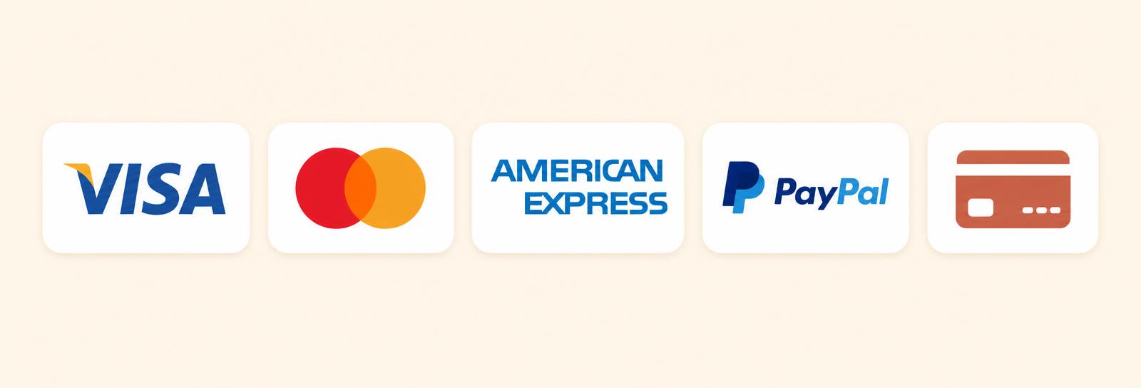 Métodos de pago aceptados: Visa, Mastercard, American Express, PayPal y tarjetas de crédito